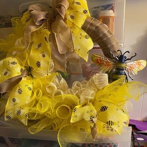 Metal Bee Wreath made with burlap, ribbon and mesh.